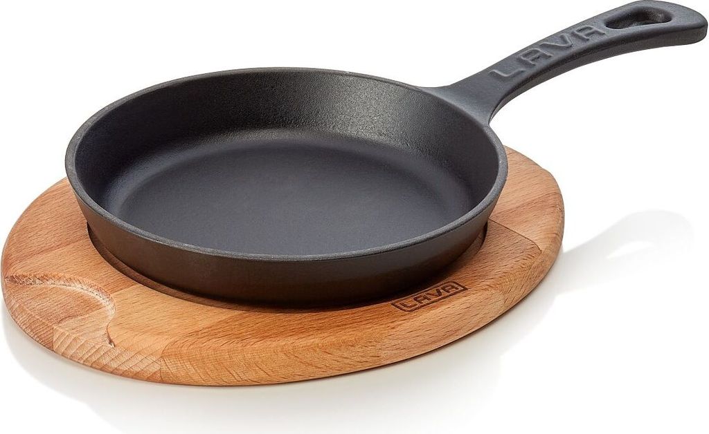 LAVA frying and serving pan made of enamelled cast iron, ØxH: 16 x 3 cm, with wooden trivet