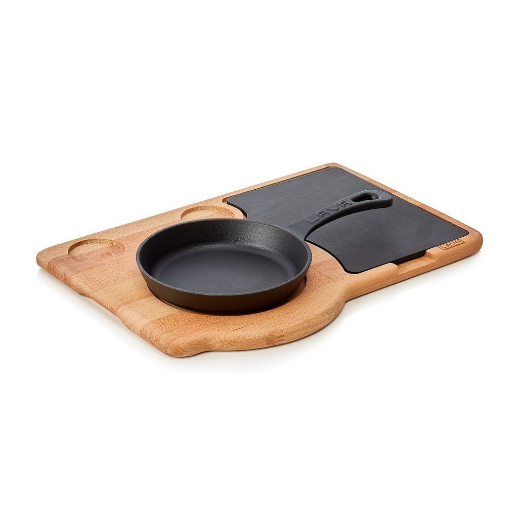 LAVA frying and serving pan made of enamelled cast iron, ØxH: 16.5 x 3 cm, with wooden trivet