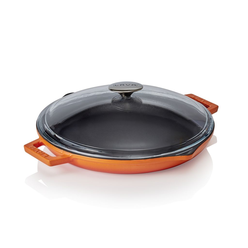 WAS GERMANY LAVA cast iron frying pan with pouring spout, orange, with glass lid, ØxH: 31.5 x 4.3 cm