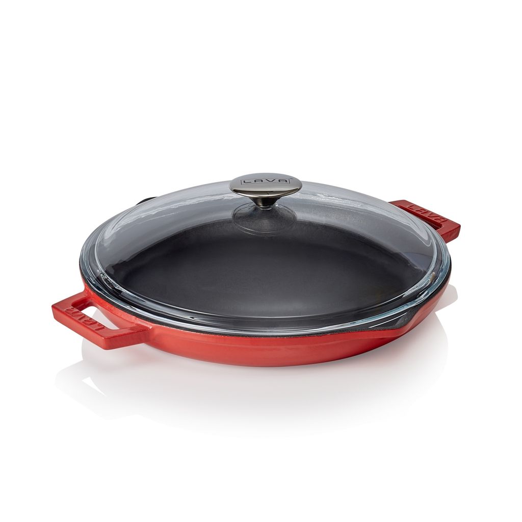 WAS GERMANY LAVA cast iron frying pan with pouring spout, red, with glass lid, ØxH: 31.5 x 4.3 cm