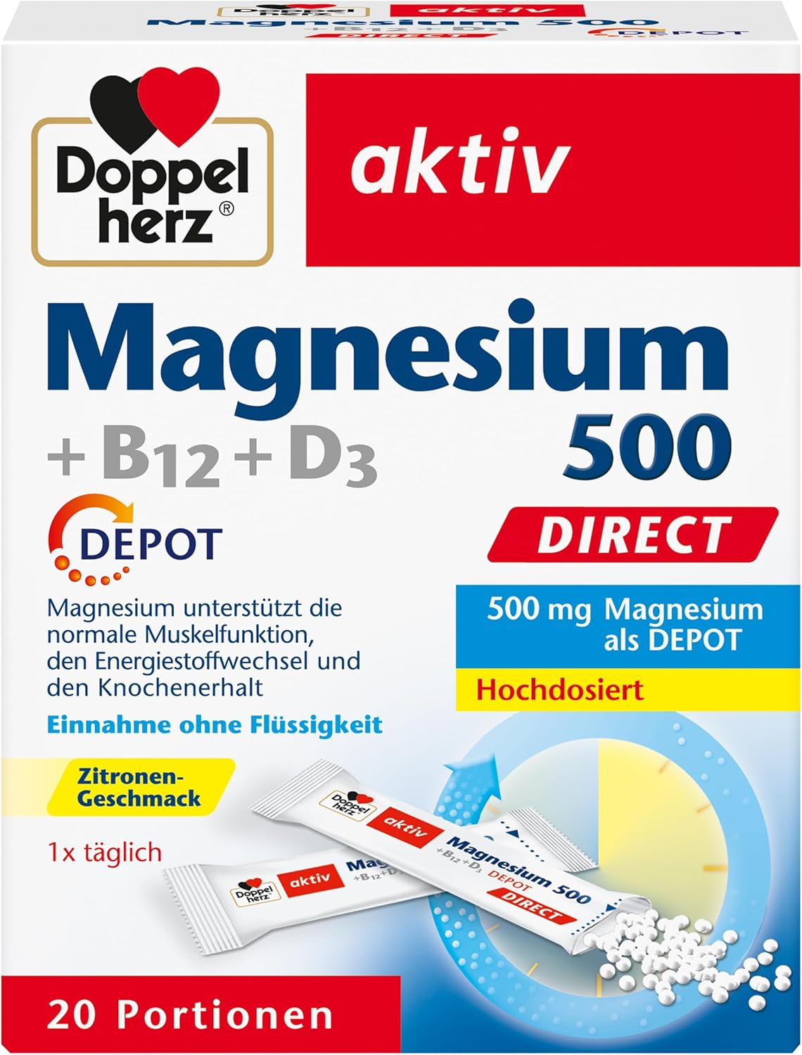 Doppelherz Direct Depot Magnesium 500 + B12 + D3, Magnesium for Maintaining Muscles and the Nervous System, 1x Pack of 20 Portions