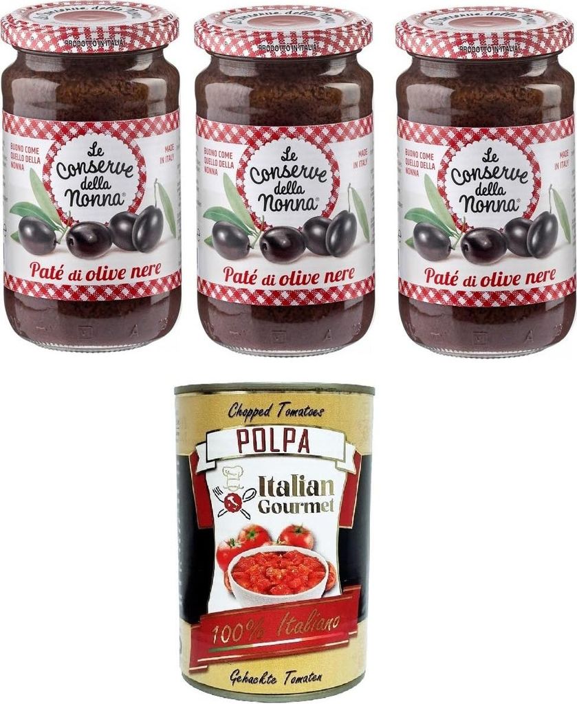Italian Gourmet E.R. Le Conserve Della Nonna - Patè di Olive Nere Black olive pate - 3 jars of 190g each + Italian Gourmet polpa 400g