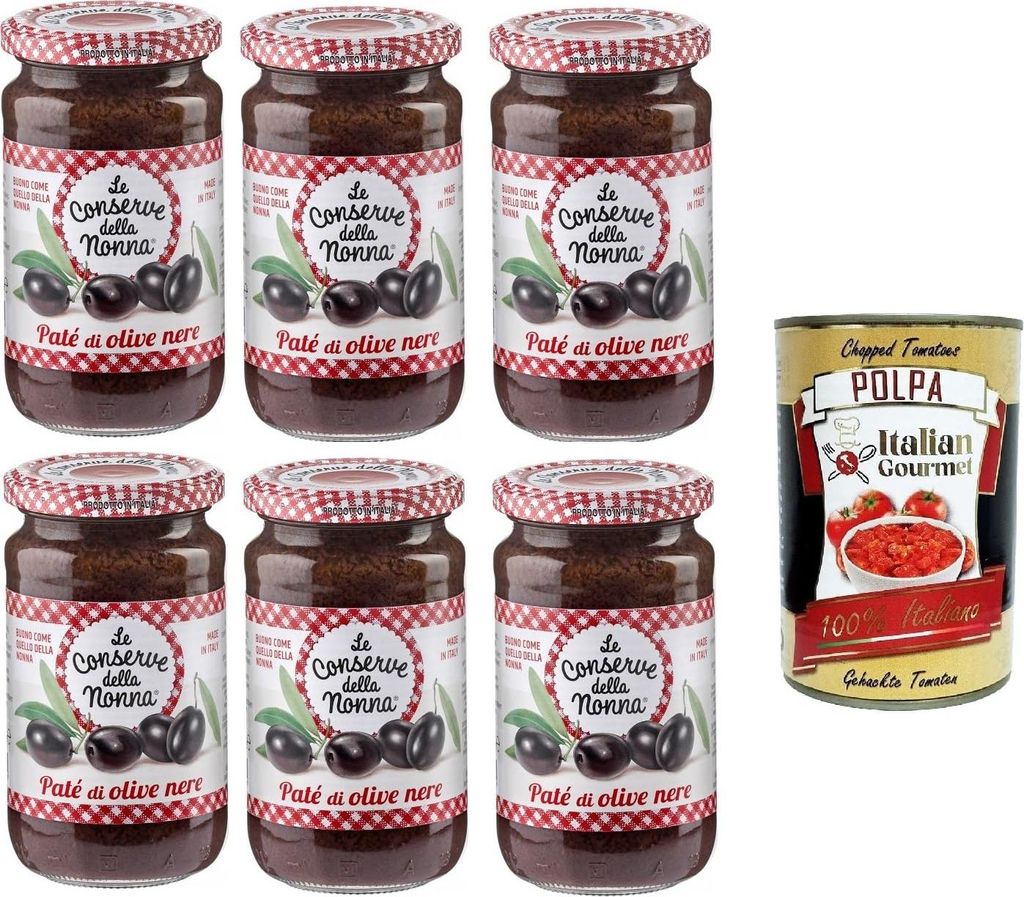 Italian Gourmet E.R. Le Conserve Della Nonna - Patè di Olive Nere Black olive pate - 6 jars of 190g each + Italian Gourmet polpa 400g