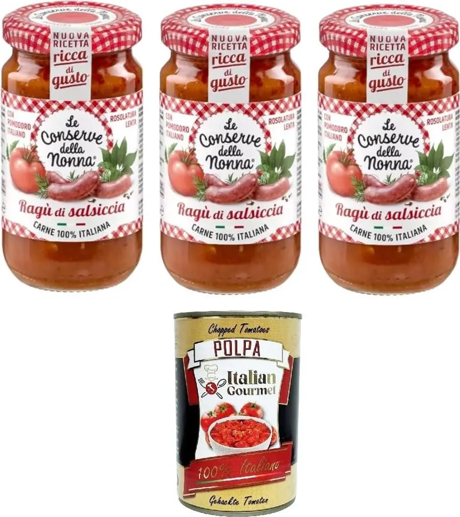 Le Conserve della Nonna- Sugo Ragù di Salsiccia Sausage Ragù Sauce 3x 190g + Italian Gourmet Polpa 400gr 970g