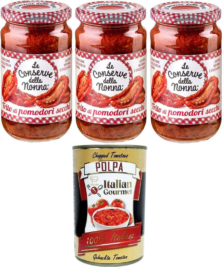 Italian Gourmet E.R. Le Conserve Della Nonna, Trito di pomodori secchige (chopped sun-dried tomatoes), ideal as a side dish – made in Italy – GLUTEN-FREE – no artificial flavors 3x190g + Italian Gourmet polpa 400g