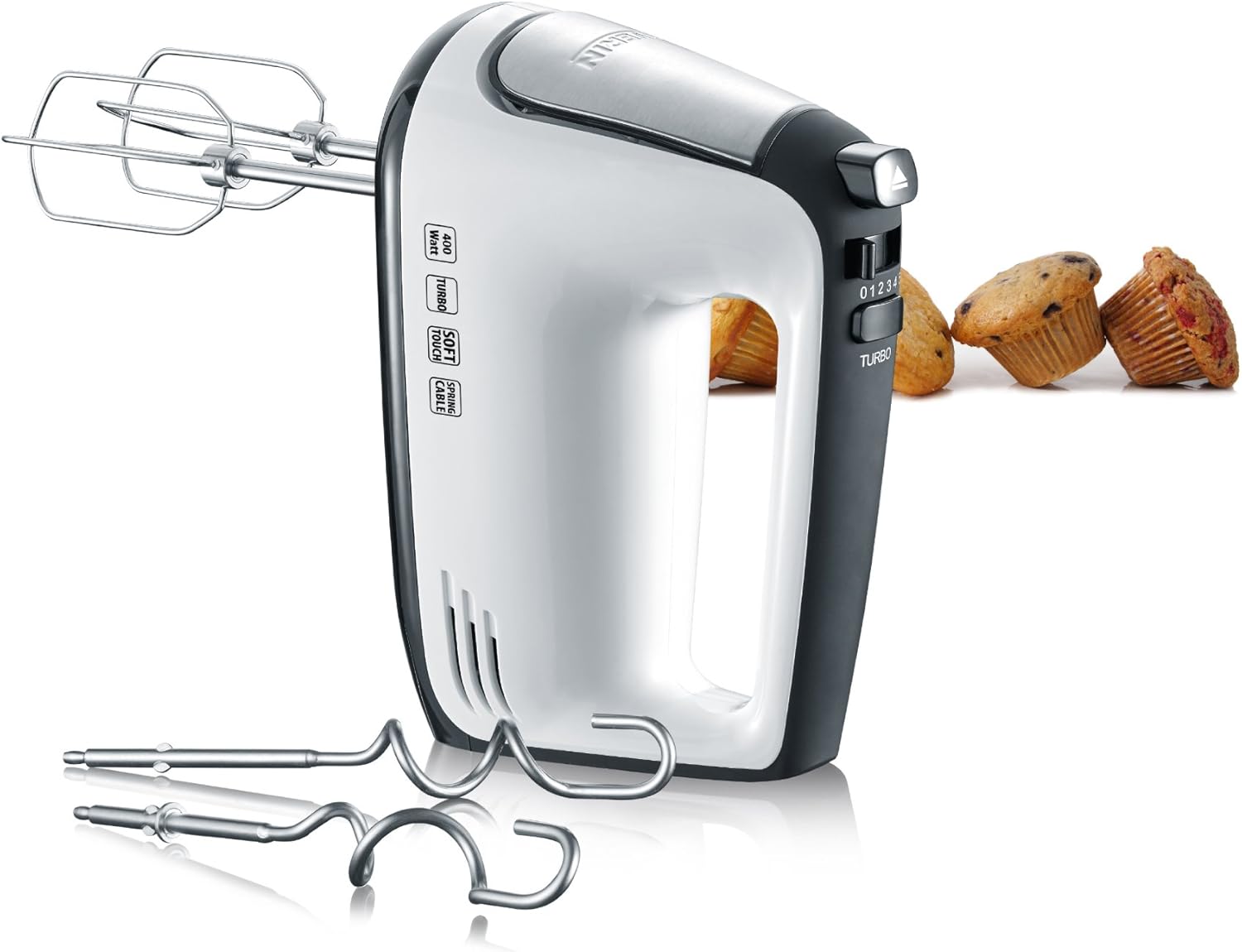SEVERIN Hand Mixer, Hand Mixer with 5 Speed ​​Settings, Practical Hand Mixer with 2 Stainless Steel Beaters and Dough Hooks, 400 W, White-Black / Stainless Steel, HM 3830