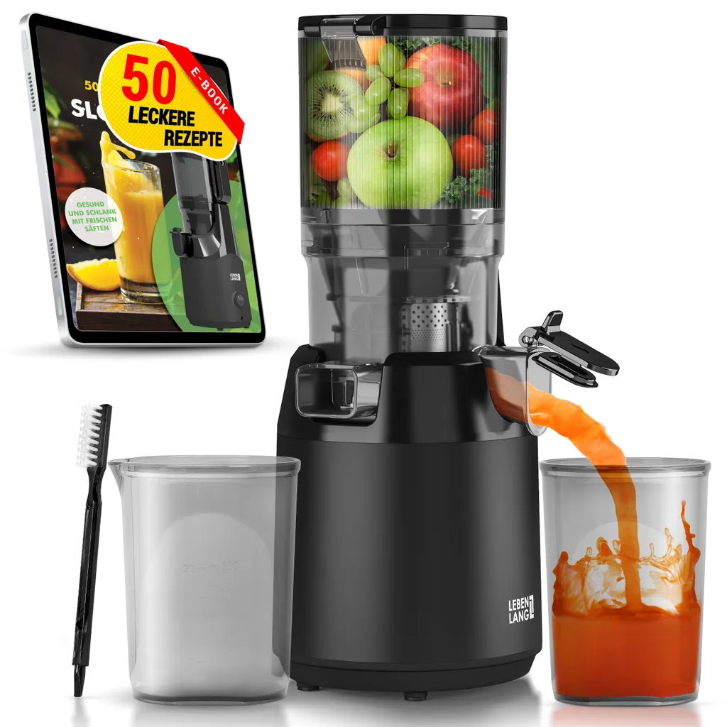 Leben Lang LIFELONG Slow Juicer | Juicer with large opening | 250W | For whole fruits and vegetables | Includes recipes in an e-book