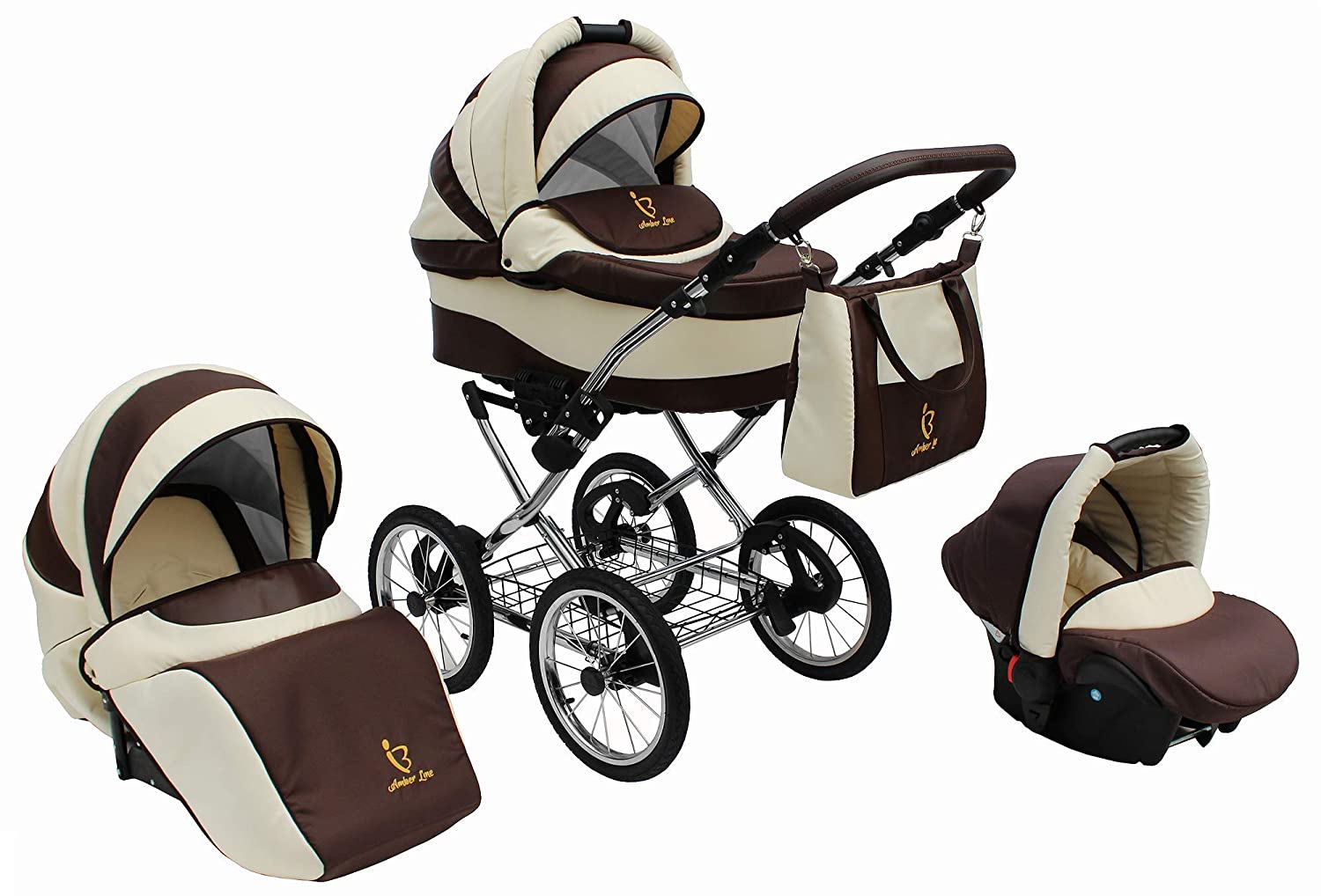 SKYLINE Classic Retro Style Combination Pushchair Buggy 3-in-1 Travel System Car Seat (Isofix) (Creamy/14 Inch Air Tyres)