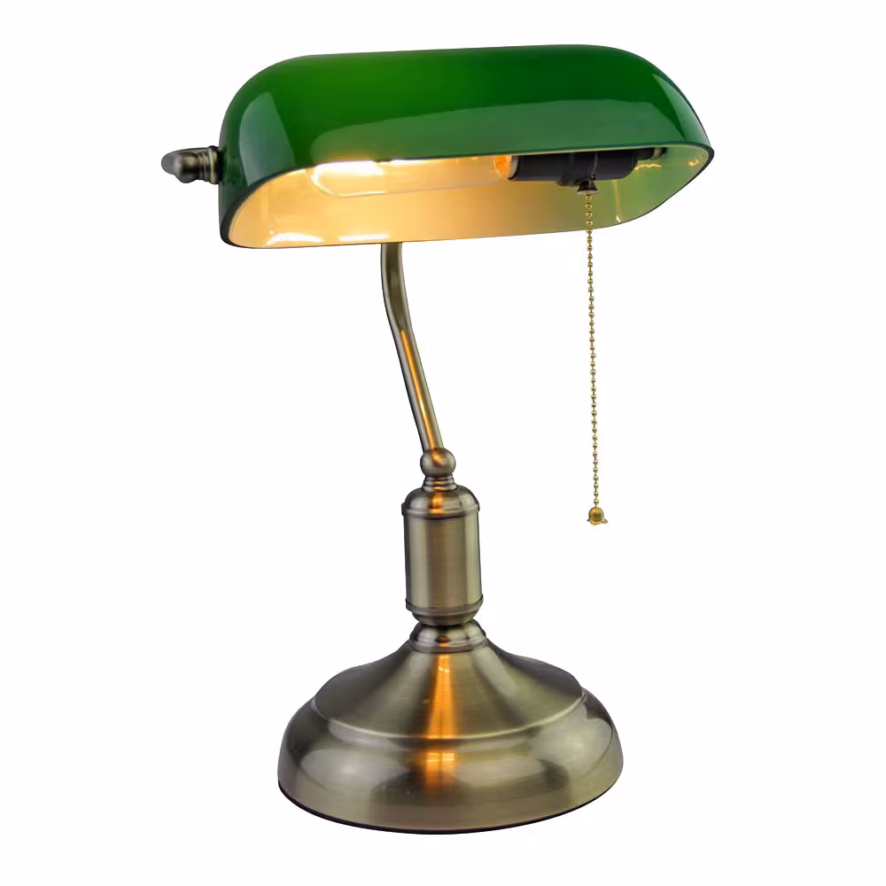 LED desk lamp, metal, green glass shade