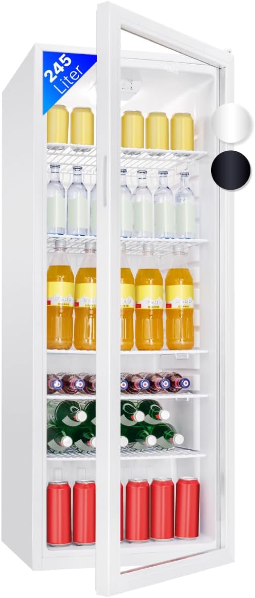 Bomann KSG 7289 Drinks Fridge with Glass Door, Fridge with 245 L Capacity and 5 Grid Shelves, Bottle Fridge with Automatic Defrosting and Continuous Temperature Control, White