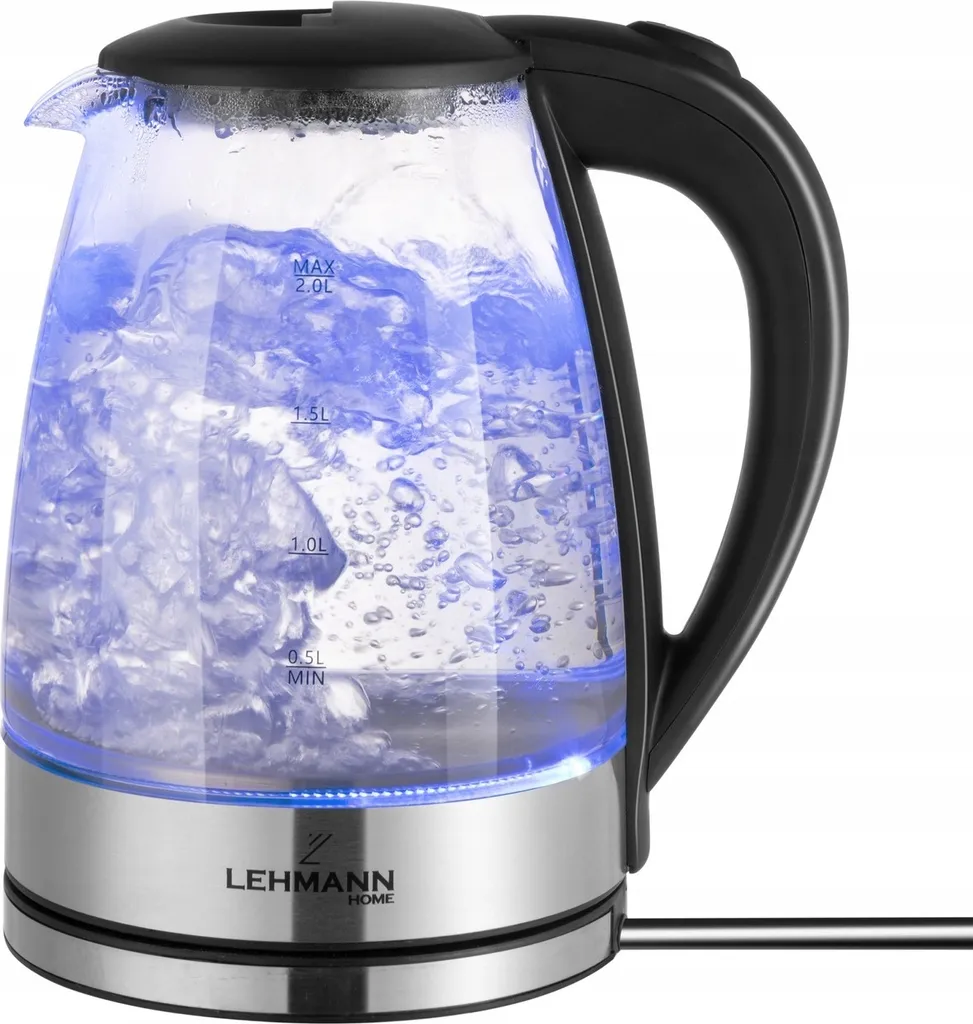 Lehmann 2L Glass Kettle 2200W, electric glass kettle with LED backlight, automatic shut-off and overheat protection