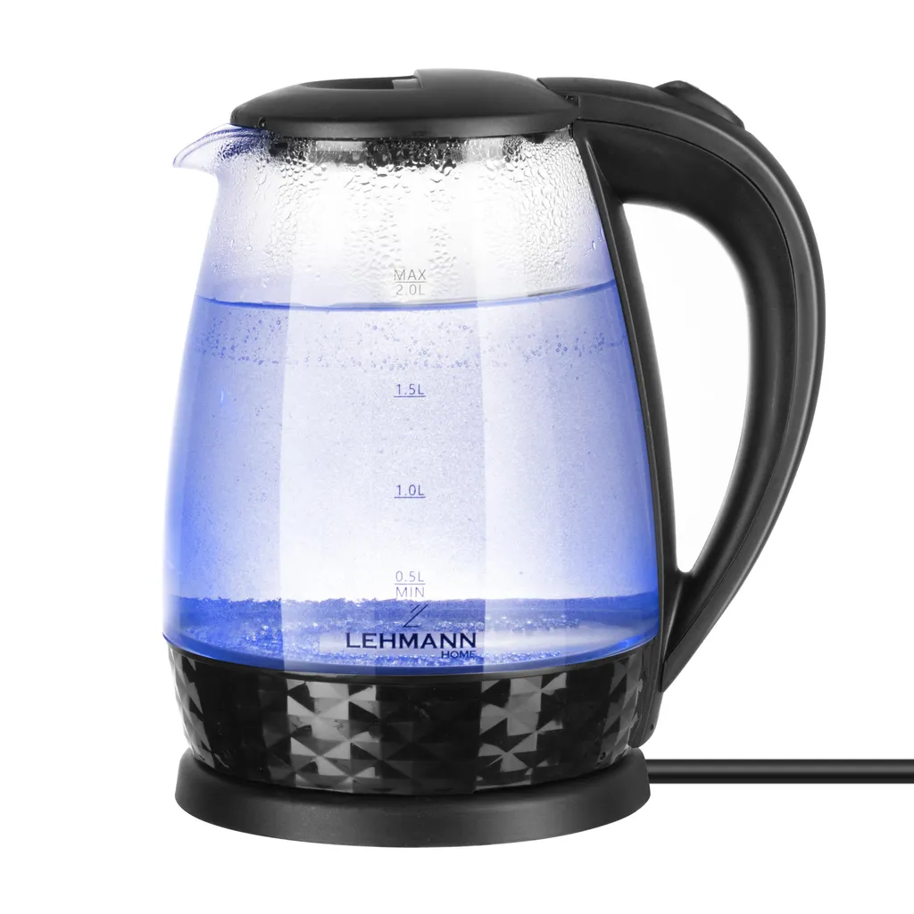 Lehmann 2L Glass Kettle for the Kitchen, 2200W Electric Glass Kettle, Water Kettle with Illuminated Tank and Decorative Base