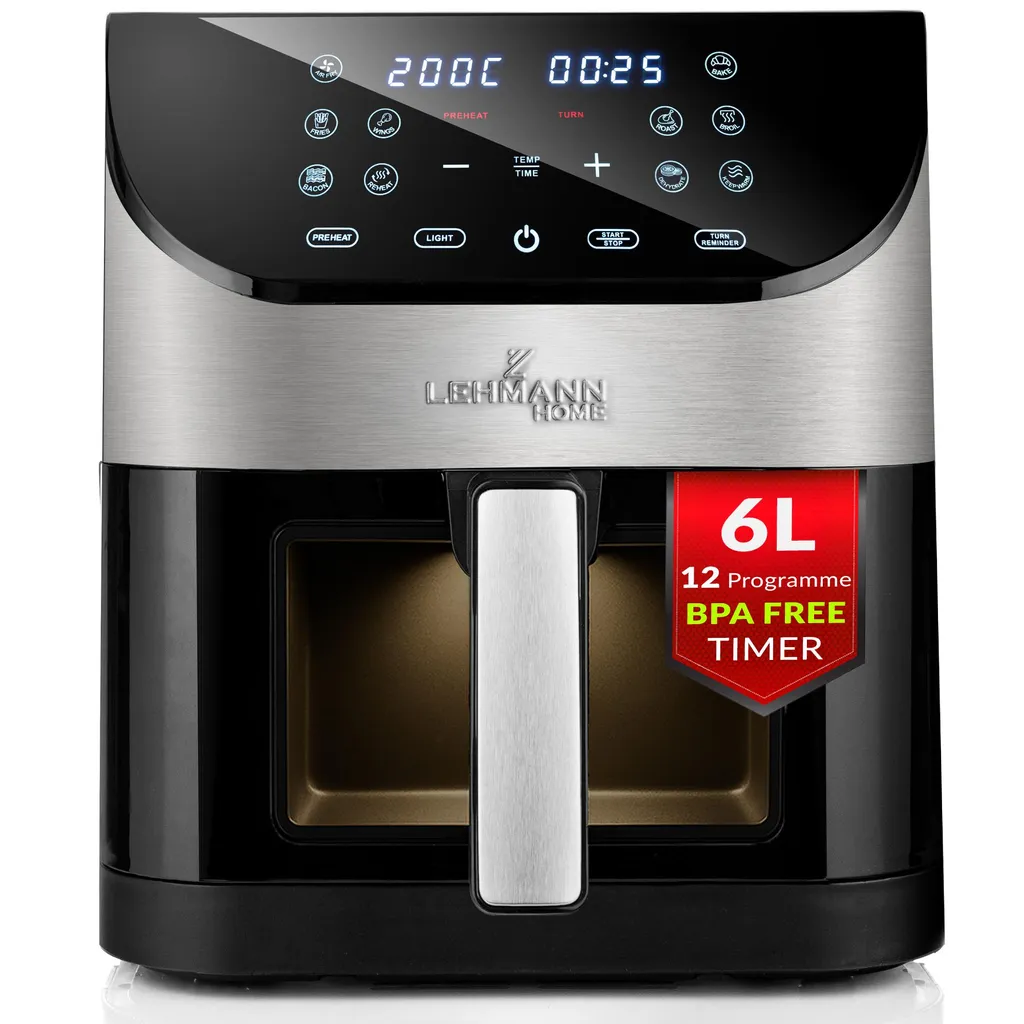 Lehmann 6L Hot Air Fryer with Viewing Window, 1500 W Hot Air Fryer with 10 Programs, Oil-Free, 76-200°C, Timer and Touch Display