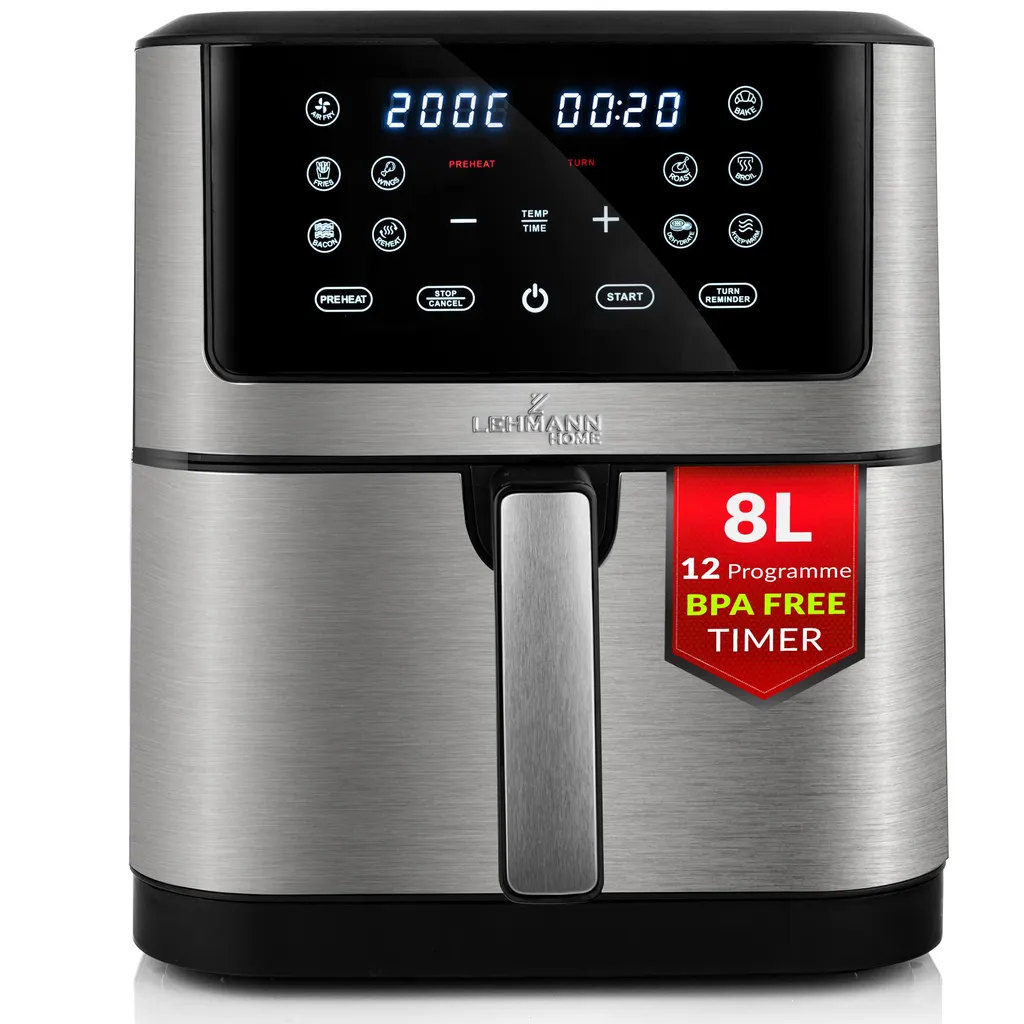 Lehmann 8L Hot Air Fryer with 10 Cooking Programs, 1800 W Air Fryer with Digital LED Touchscreen and Timer, up to 200 °C, Healthy Food without Oil