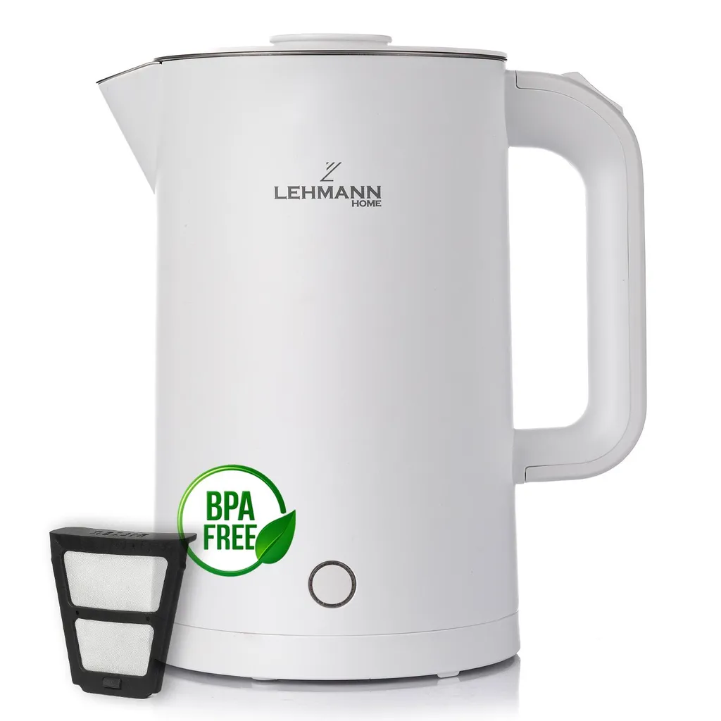 LEHMANN Electric Kettle 2200W 1.7L – LED light, double-walled, automatic shut-off, 360° base, overheat protection, BPA-free, stainless steel