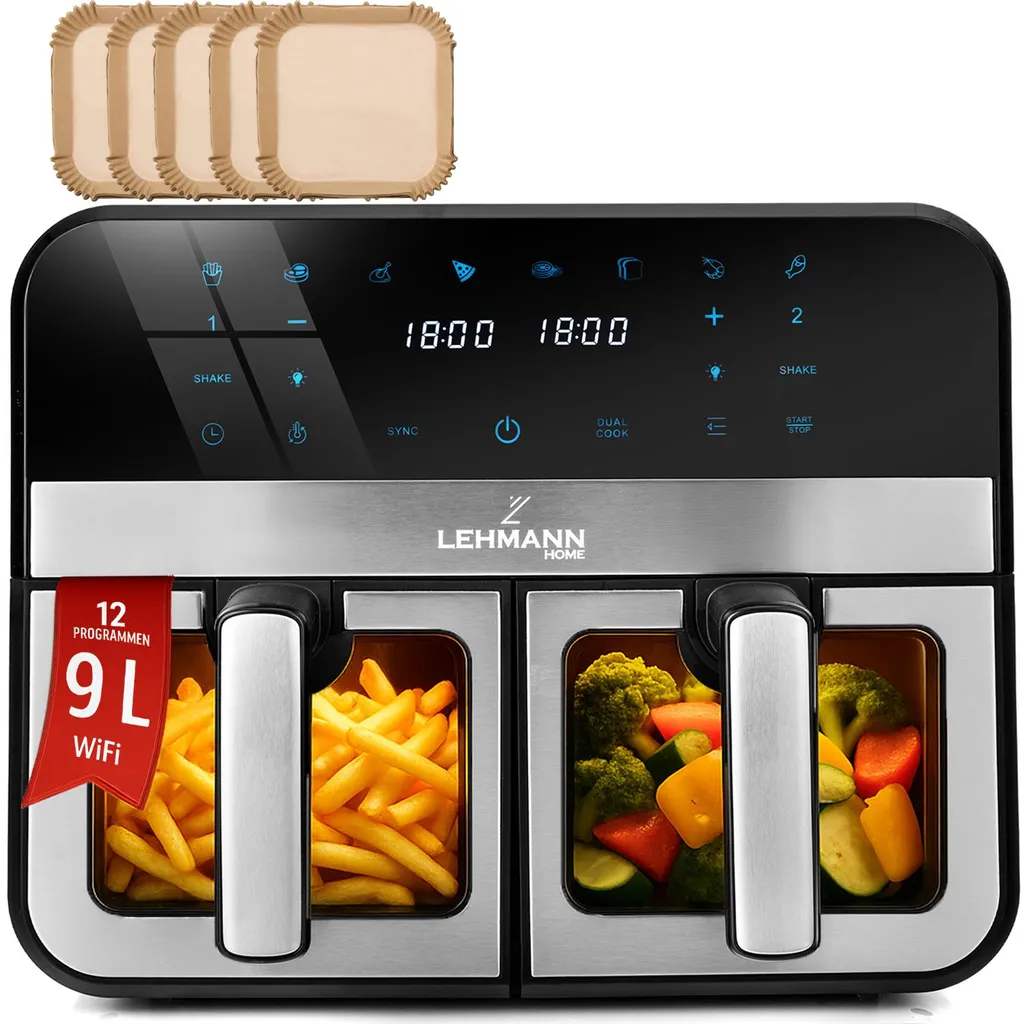 LEHMANN Hot Air Fryer 2 Chambers with Viewing Window, 2400 W, 9L, with 12 Programs, up to 200°C, WiFi