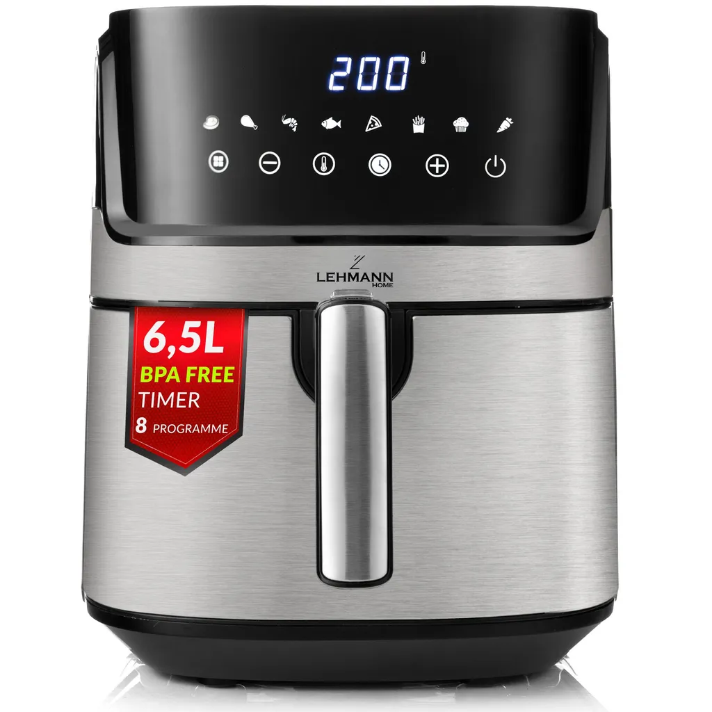 LEHMANN Hot Air Fryer 6.5L, 8 Programs, 80-200°C, Digital Display, Timer, Non-Stick Coating