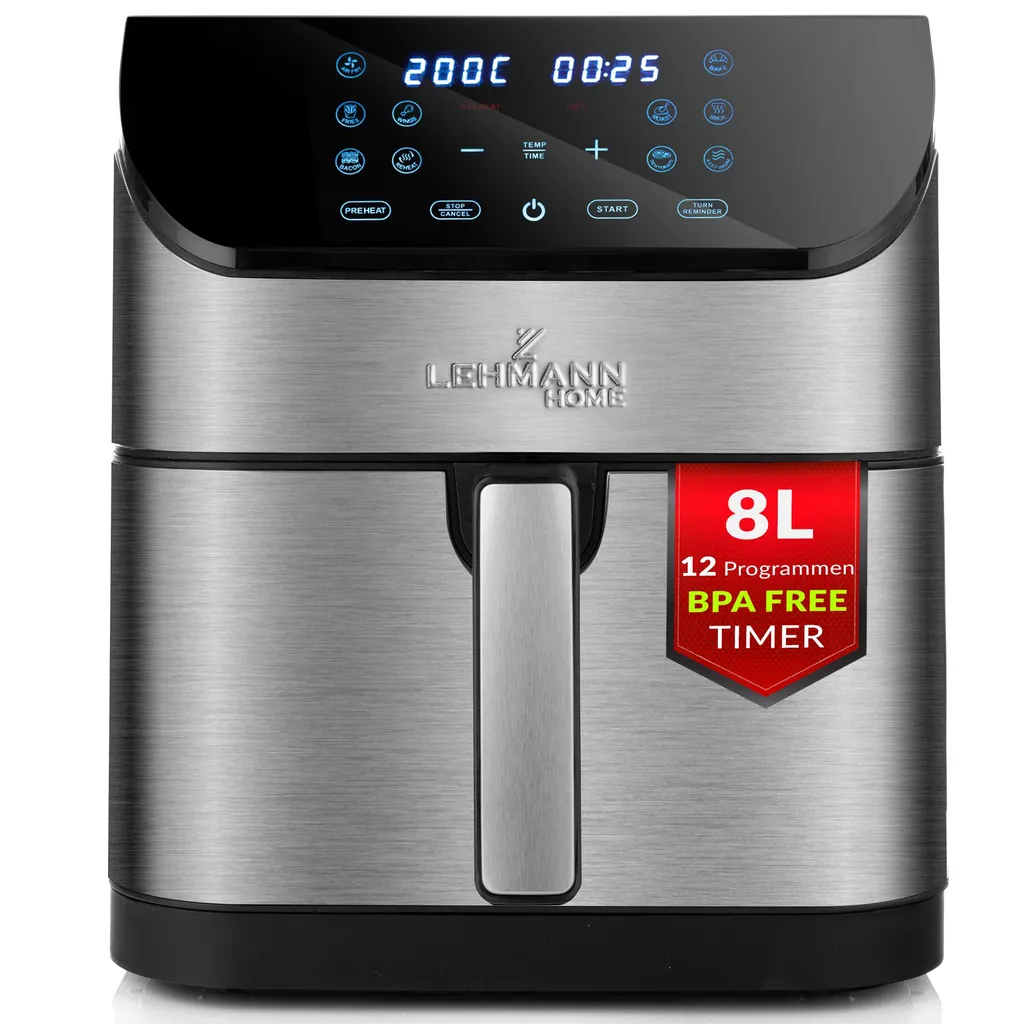 Lehmann 8 Liter XXL Hot Air Fryer, 1800 W Hot Air Fryer, Air Fryer with 10 Programs, Healthy Food Without Fat