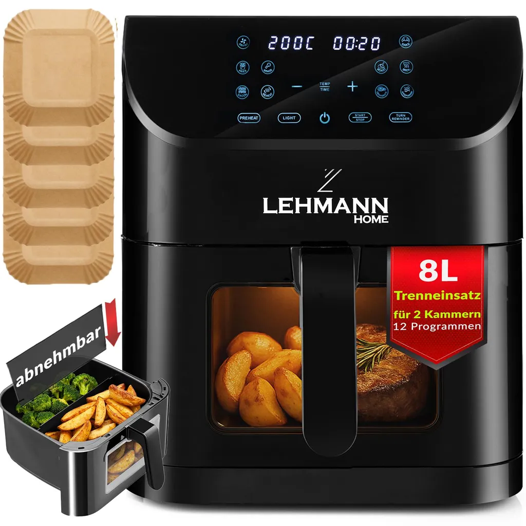 LEHMANN Hot Air Fryer, 1800 W, 8L capacity, max 200°C, 12 programs, with viewing window - Baking and frying without oil