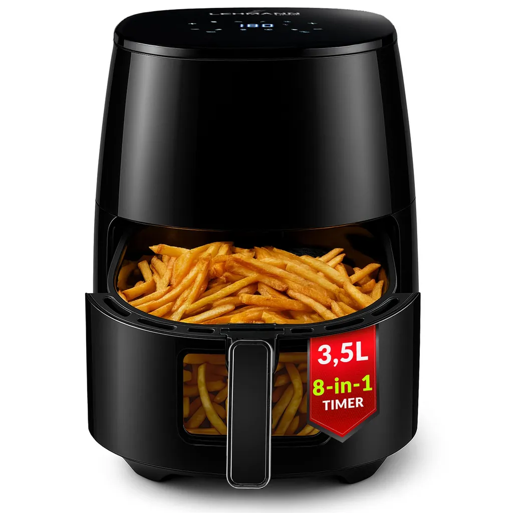 Lehmann Digital Hot Air Fryer 3.5 L, Timer, Fat-Free Fryer 80°C-200°C, Hot Air Fryer, 8 Programs, Airfryer, Oil & Fat Free