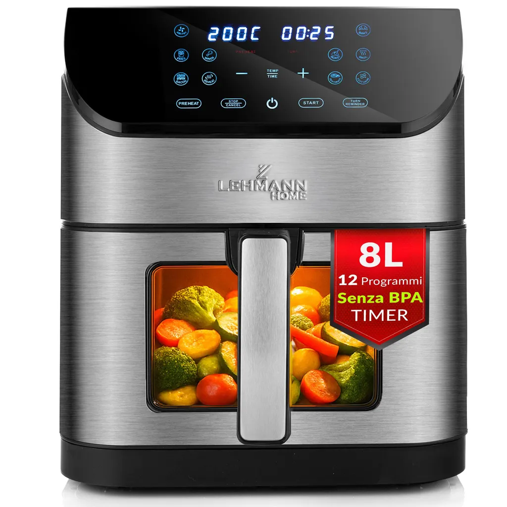 Lehmann XXL 8L Hot Air Fryer with Viewing Window, 1800W Airfryer with 10 Programs and Temperature Control, Timer, Healthy Food Without Oil