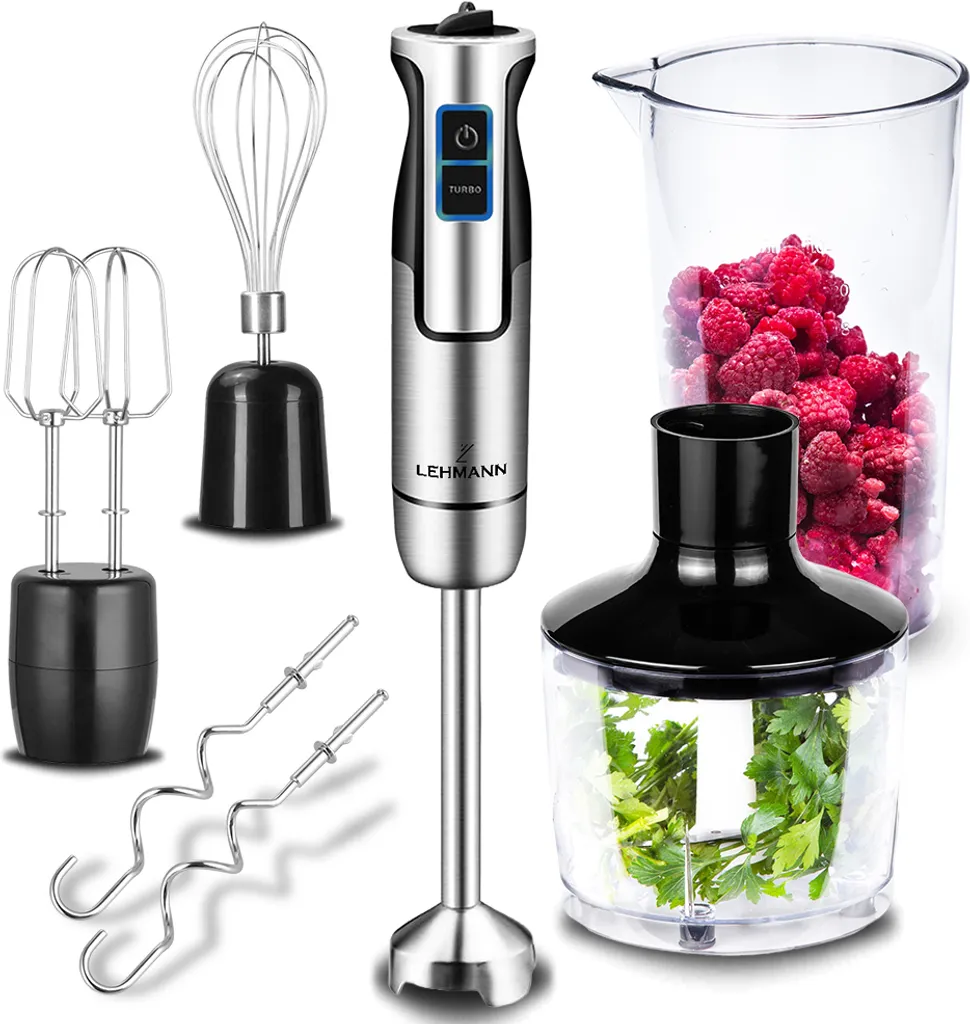 LEHMANN TURBO Hand Blender Stainless Steel Mixer Blending Wand Puréeing Wand Whisk, Mixing Hook SET 6in1