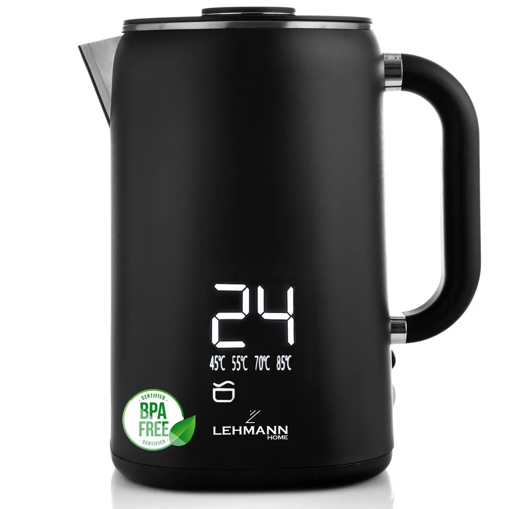 Lehmann 1.7L Kettle with Temperature Control 45-100°C, Stainless Steel Kettle with Keep Warm Function and Touch Panel, Matte Black