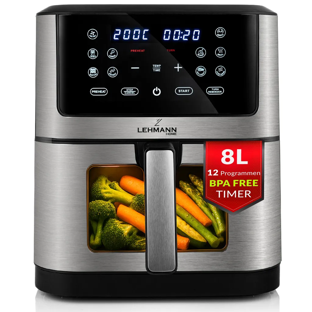 Lehmann XXL Hot Air Fryer 8L with viewing window, 1800 W Airfryer with 10 programs and temperature control, timer, healthy food without oil