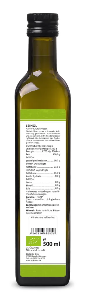 Linseed oil 2x 500 ml (1000 ml) I native and cold-pressed I contains polyunsaturated fatty acids I bioKontor
