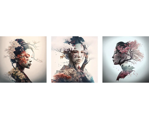 The Wall Canvas picture Geisha Cherry set of 3 3x 50x50 cm