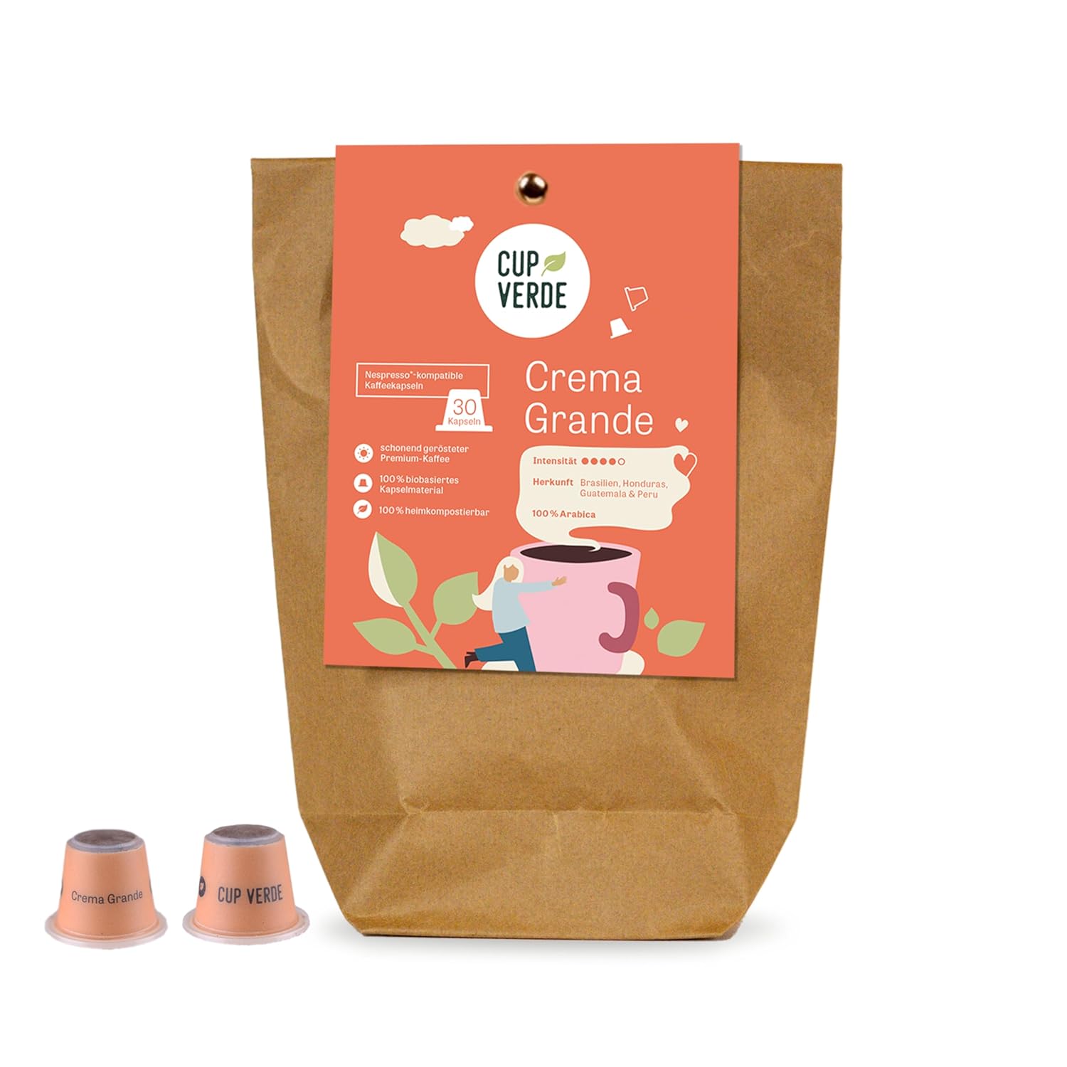 CUP VERDE 30 Crema Grande Nespresso Coffee Capsules Compatible/Strongly Aromatic/Sustainable - Compostable at Home - Fair Trade - Gently Roasted
