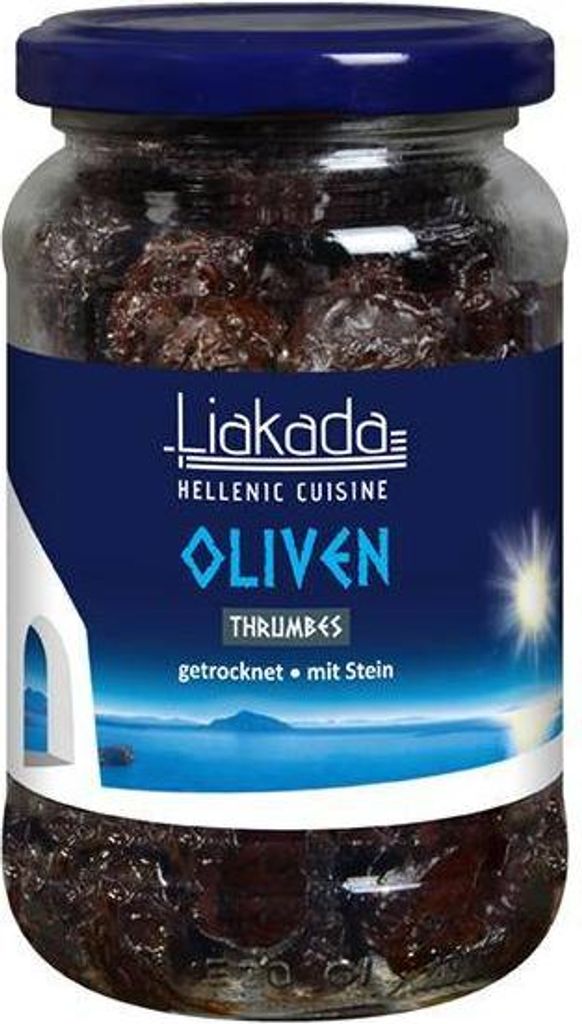 Rila Liakada Black Olive Thrumbes, Dried with Pit, 230g Glass Jar, Vegan, Gluten-Free, Sweet and Spicy