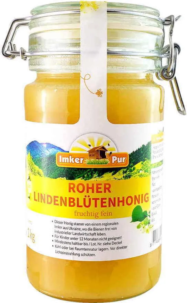 Linden honey (raw) from ImkerPur, in a storage jar, 1 kg 1000g