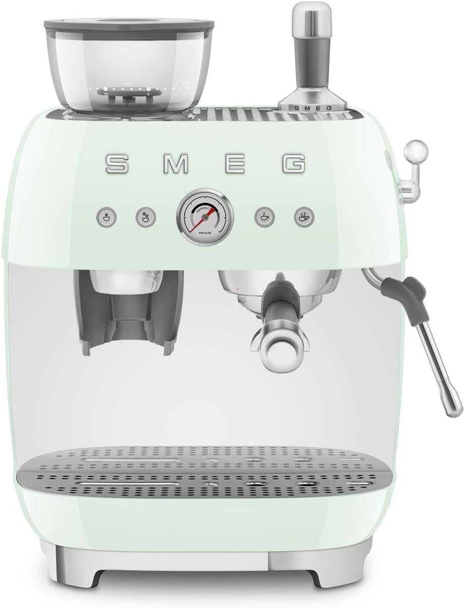 Smeg, EGF03PGEU Manual Espresso Machine with Integrated Coffee Grinder, Thermoblock, 4 Temperature Levels, Steam Nozzle and Pressure Gauge, 1L Tank, Compact Size, 1350W, Cream, Pastel Green