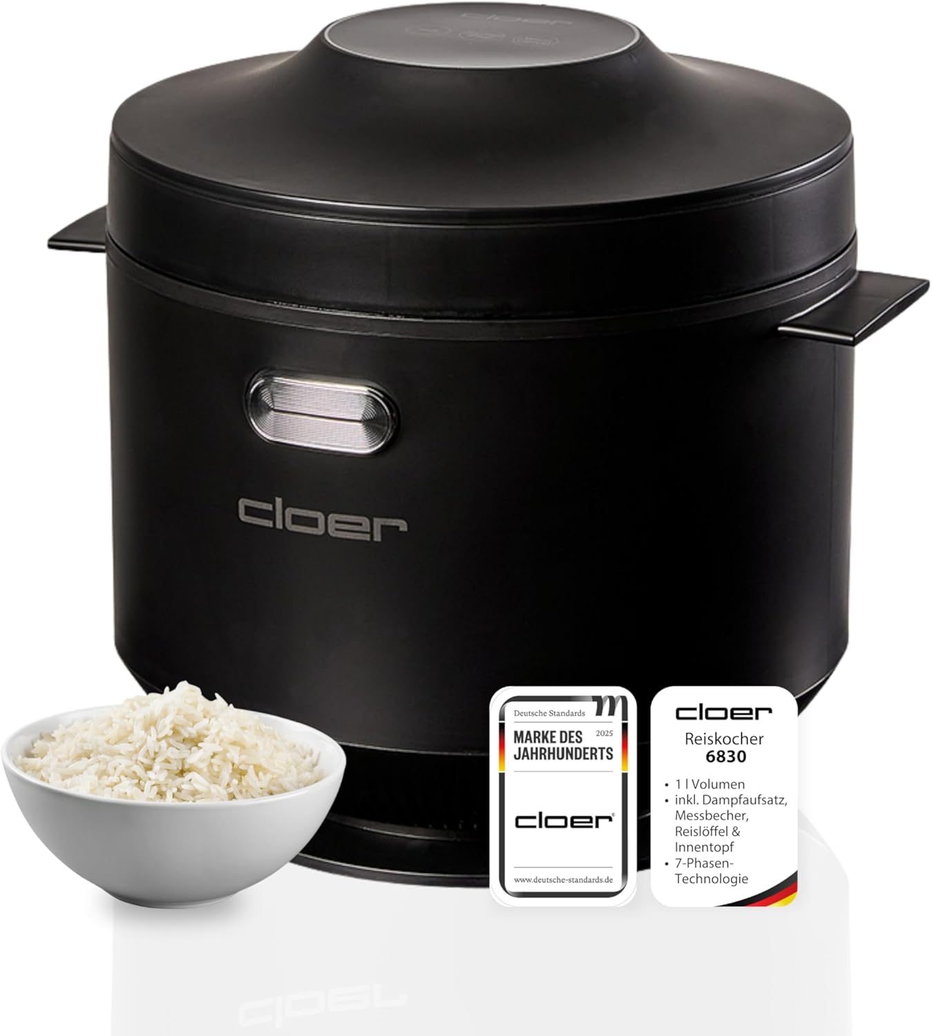Cloer Store Cloer 6830 Rice Cooker with 1 Litre Capacity, Includes Steam Attachment and Dishwasher-safe Inner Pot, 7-Phase Technology, Keep Warm Function up to 24 Hours, Beep and Water Level Indicator, 350 W