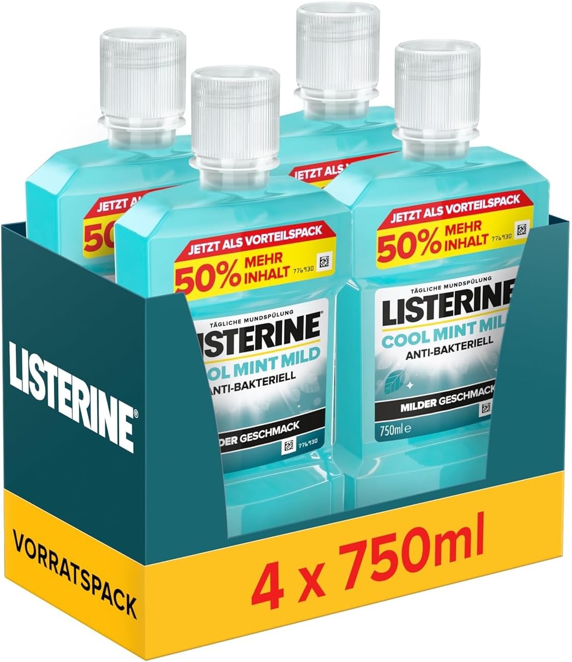 LISTERINE Cool Mint Mild (4 x 750 ml), Antibacterial Mouthwash with Essential Oils & Alcohol-Free, Mild Dental Care Mouthwash, Reduces Plaque, Effectively Fights Bad Breath