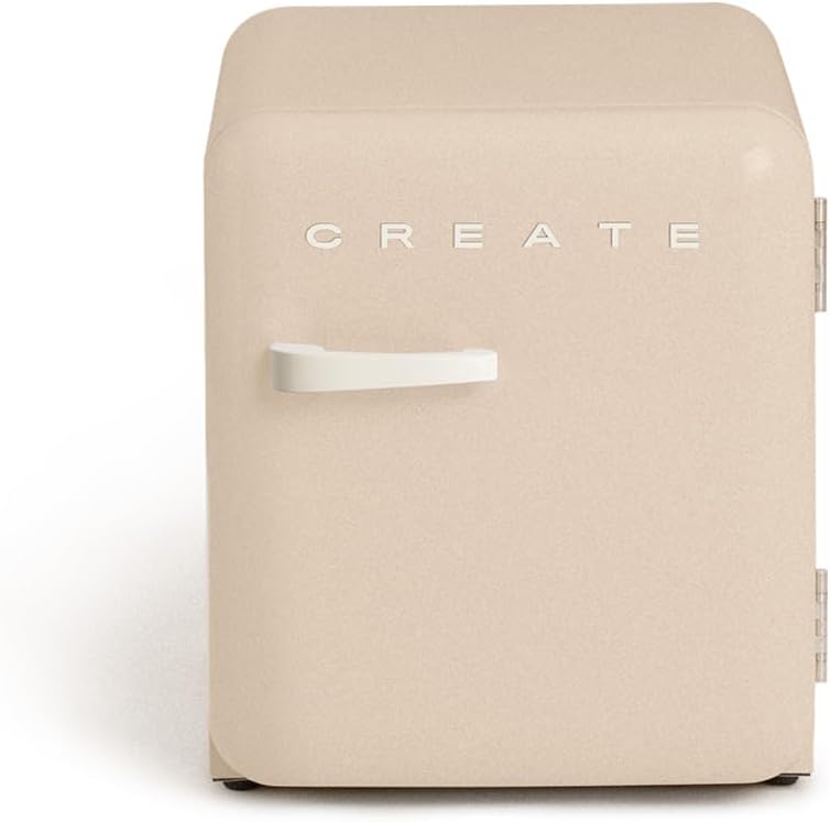 CREATE Retro Fridge 50 Off White Fridge in Sand, Cream White Handle, 85 W, Mini Bar, One Shelf, Retro Design, 50 cm, Two Shelves, 48 ​​L Capacity, Energy Saving, 50 x 44 x 49.8 cm
