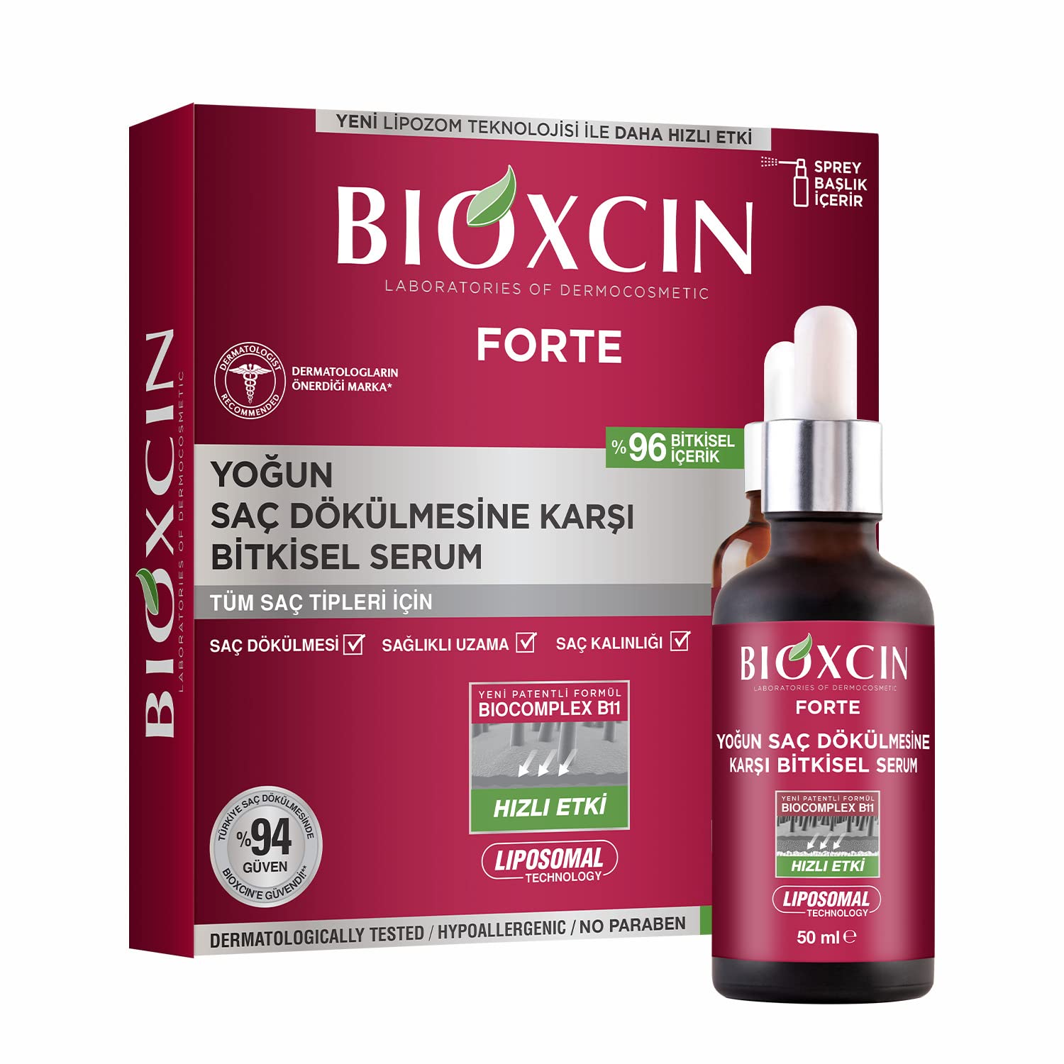 Bioxcin Forte Vegetable Serum 3 x 50 ml - Against Strong Hair Loss - For Strong & Dense Hair Growth - With BioComplex B11