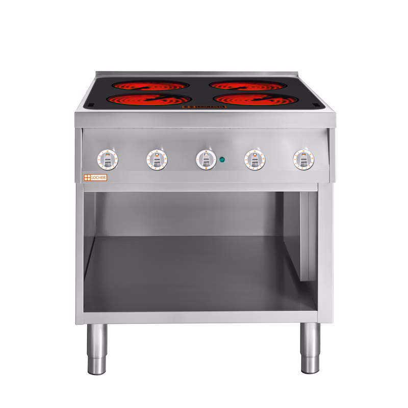 LOCHER electric stove, 4 cooking zones, 3 kW each, radiant heating elements, base unit closed on 3 sides, open at the front, 400 V