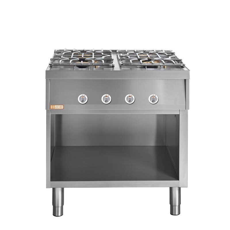 LOCHER gas stove, 4 cooking zones, base unit closed on 3 sides, open at the front
