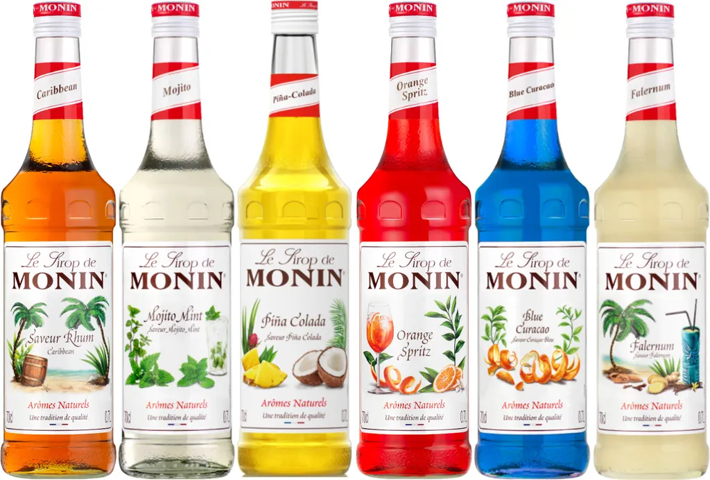 Lot sirops cocktails MONIN - Rhum, Mojito, Piña colada, Orange spritz, Bleu Curaçao, Falernum - 6x70cL 4200 ml