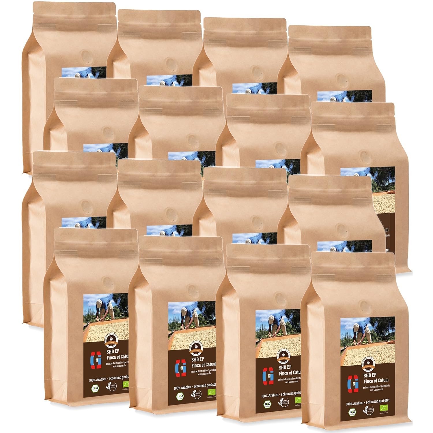 Kaffee Globetrotter Coffee Globetrotter - Organic Guatemala SHB EP Finca El Catuai - 16 x 1000 g Very Fine Ground - for Fully Automatic Coffee Grinder - Roasted Coffee from Organic Cultivation | Gastropack Economy Pack