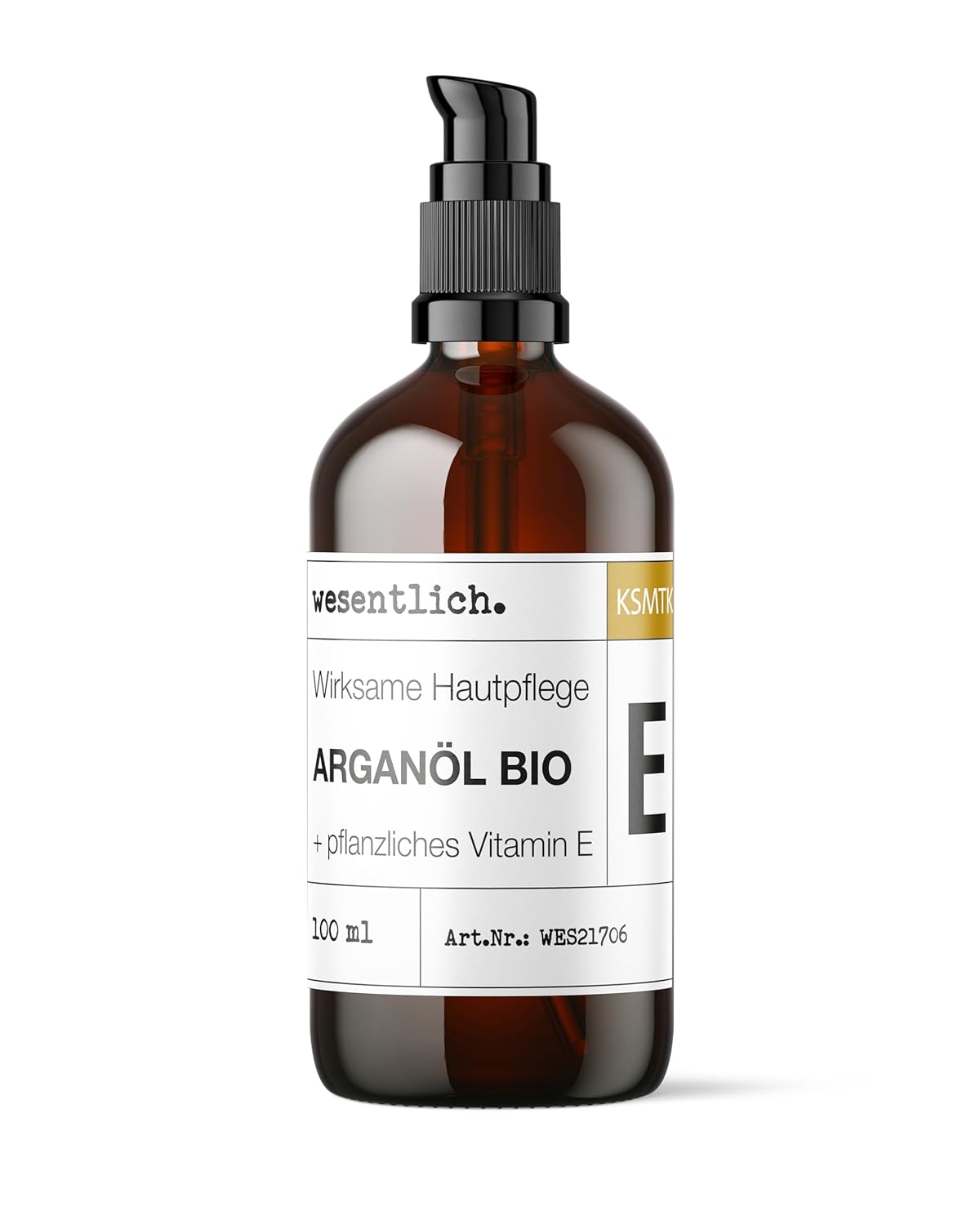essential. Organic argan oil enriched with vitamin E, 100ml | Pure & cold-pressed | Cosmetics for face, skin, hair & anti-aging | Glass bottle with pump dispenser