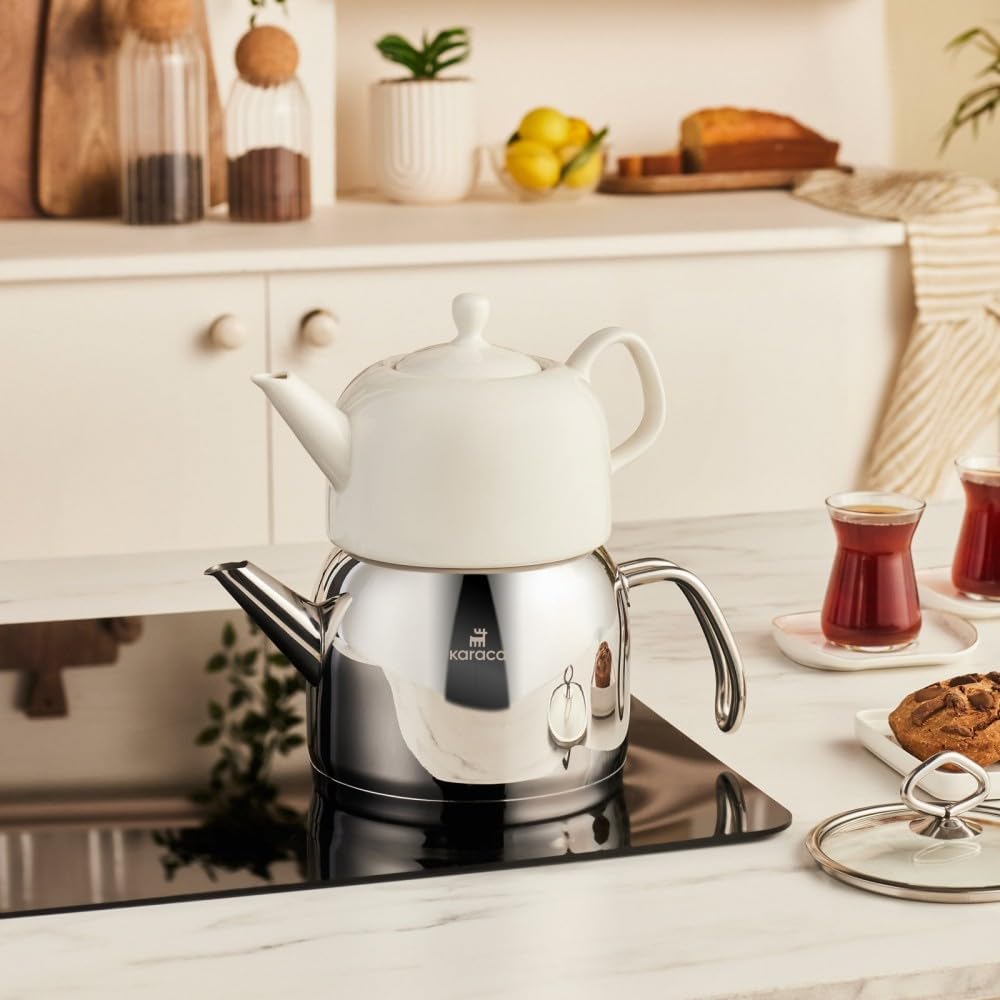 Karaca Pocelinox Porcelain Teapot Set, 2 Pieces, 1 L + 2 L, 304 Stainless Steel & Porcelain, Glass Lid, Suitable for Induction, Dishwasher Safe