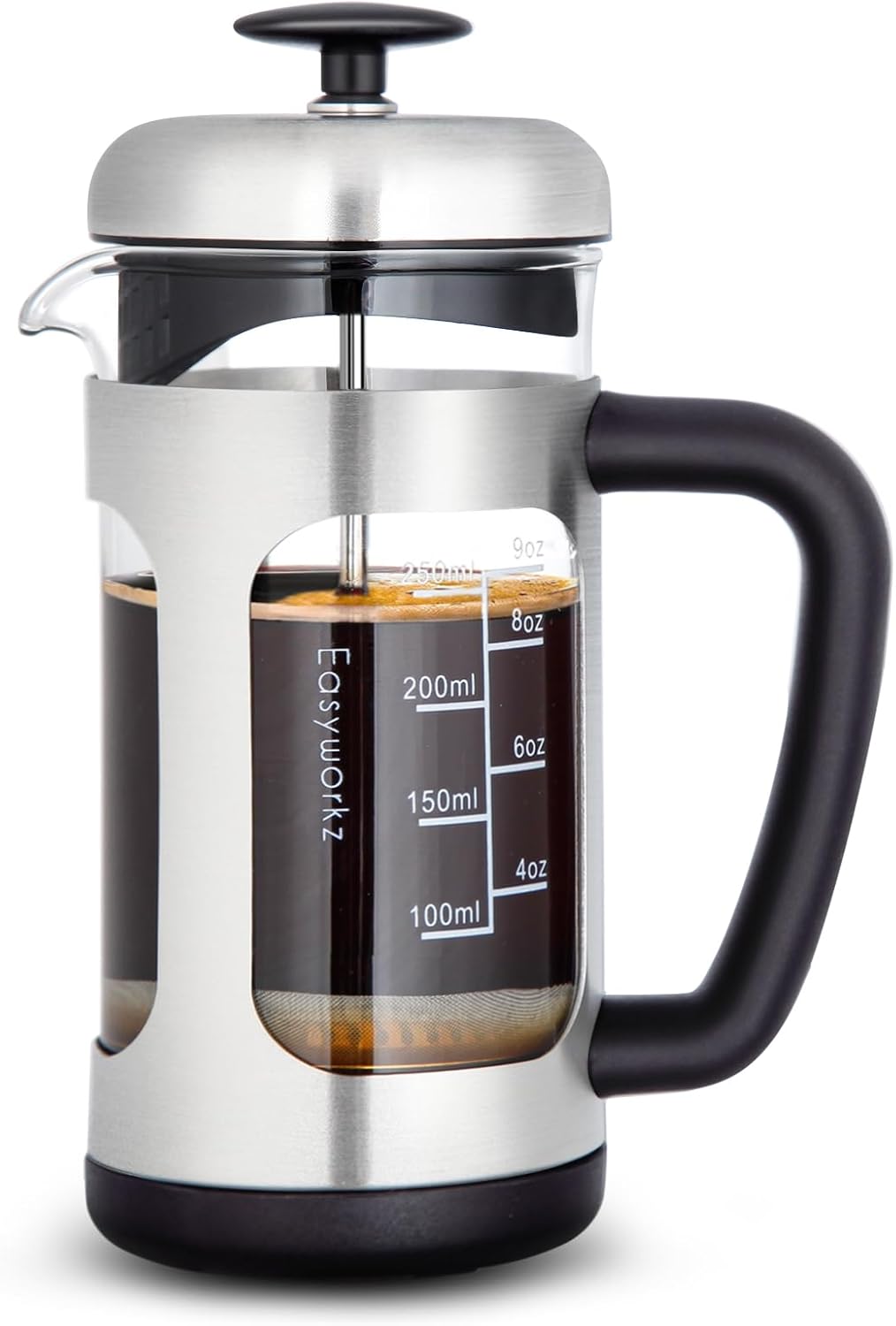 Easyworkz French Press Coffee Maker 350 ml Stainless Steel Coffee Press with Borosilicate Glass, Non-Slip Soft Handle, Silver