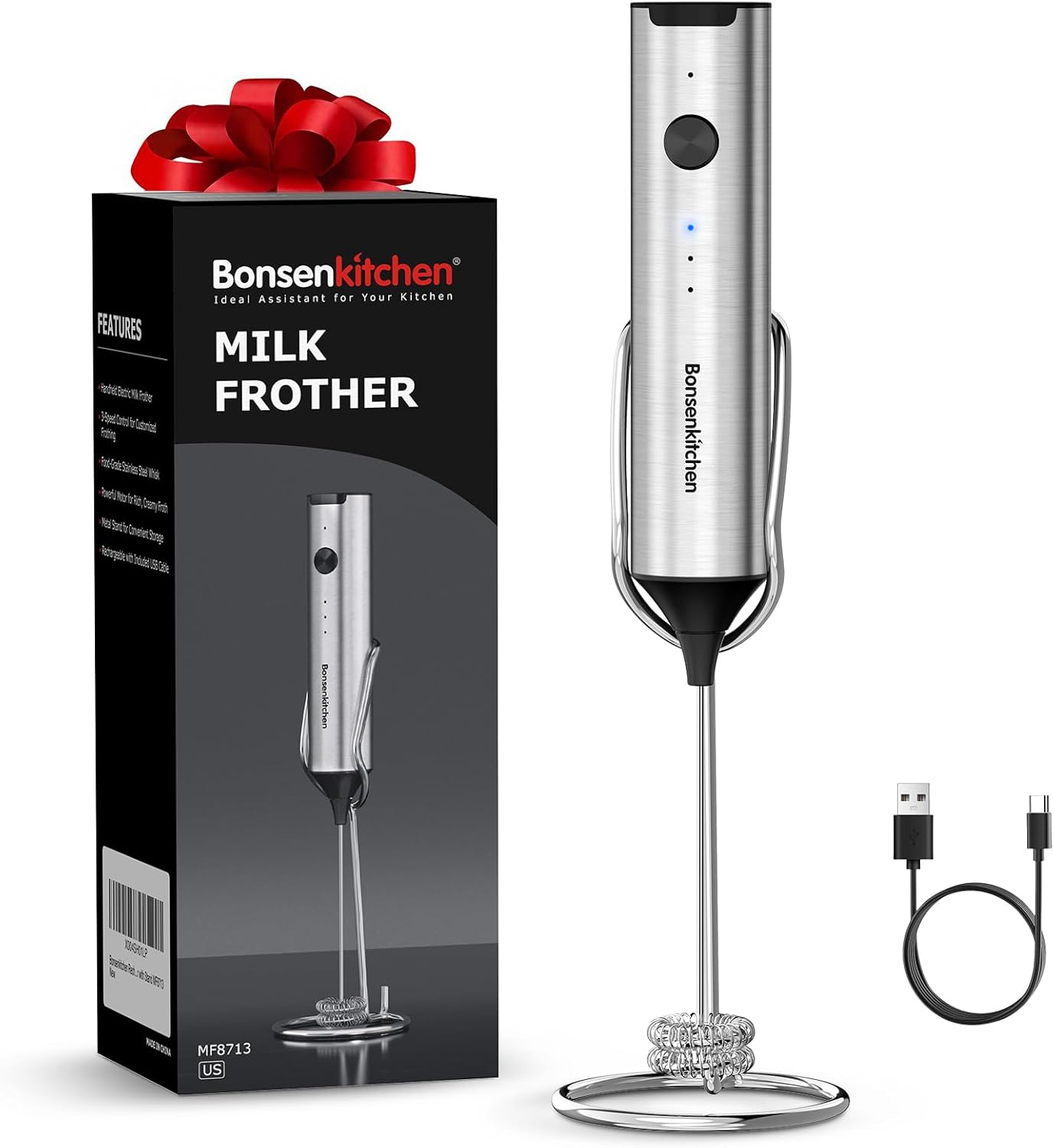Bonsenkitchen Rechargeable Handheld Milk Frother with Stand, 3 Speed ​​Electric Milk Frother, Removable Stainless Steel Blender, Low Noise Design for Latte, Matcha, Kitchen Gift