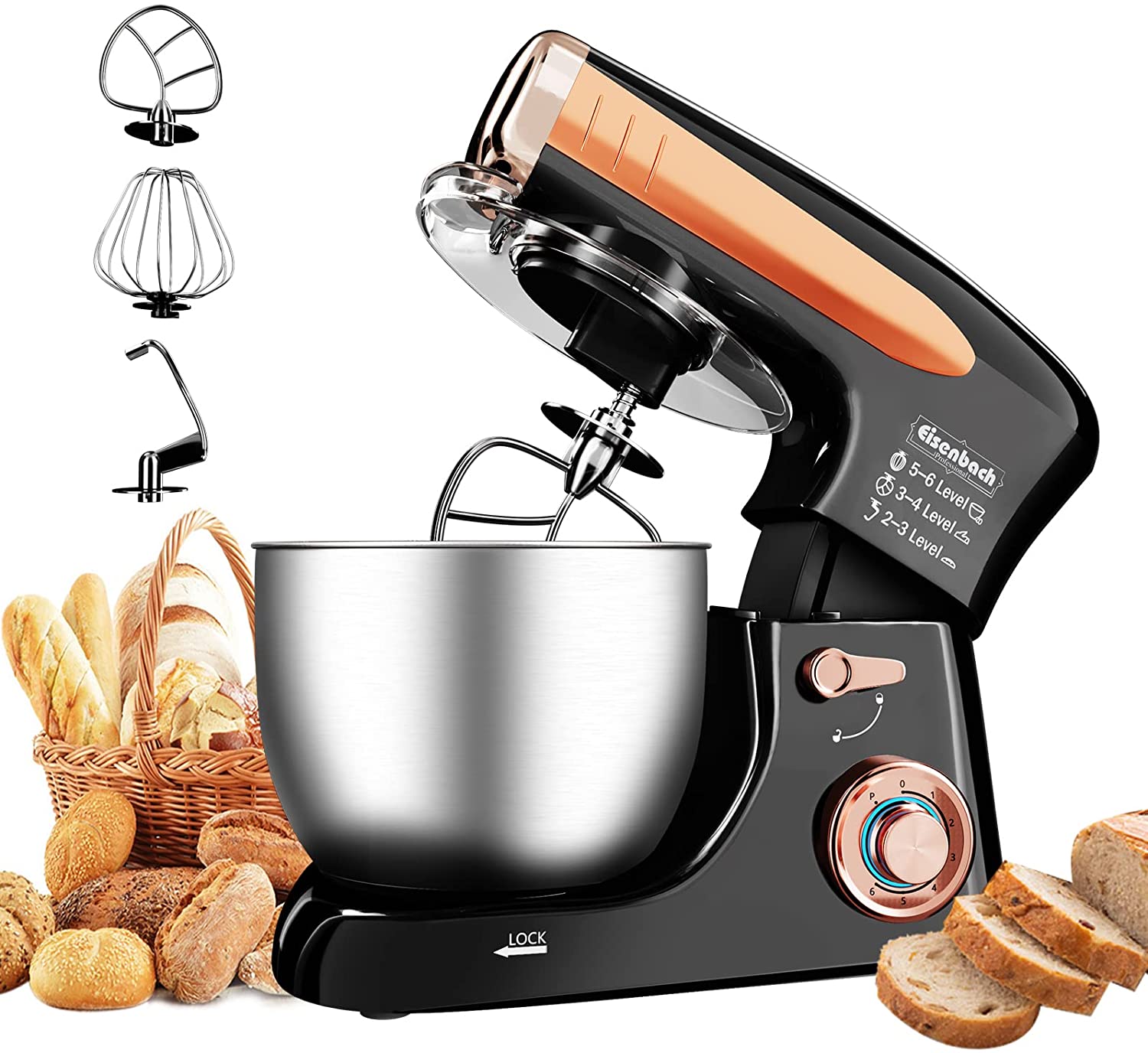 Eisenbach Professional Food Processor 2000 W Kneading Machine, 6.5 L Food Processor, Dough Machine, 6 Speeds, 8 Other Accessories Included, Dough Hook, Flat Stirrer, Whisk, 267 (Black)