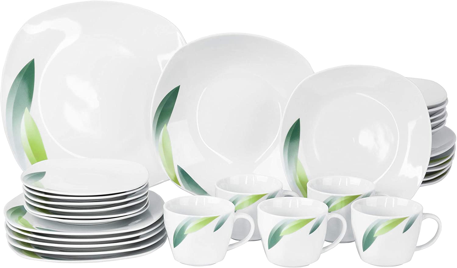 Van Well Siena 30-Piece Combination Crockery Set for 6 People Dinner Service and Coffee Set Festive Leaf Decoration Green Elegant Hotel Porcelain Gastro