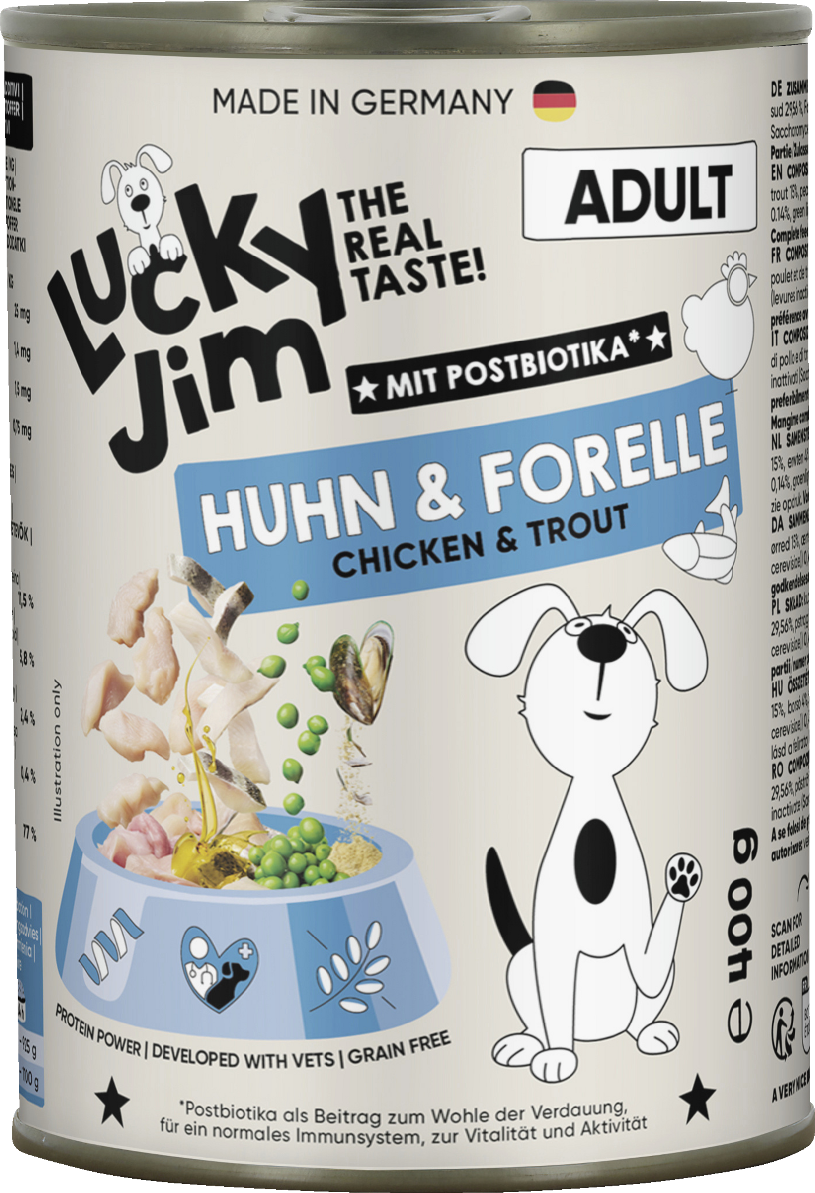 Lucky Jim wet dog food Chicken & Trout 400g