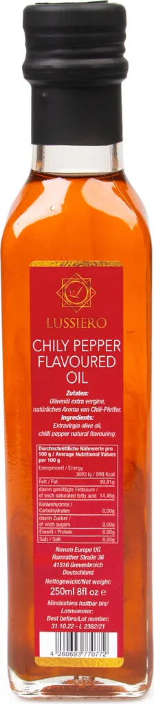 Lussiero Chili Oil Chili Pepper Oil Extra Virgin Olive Oil refined with chili 250ml
